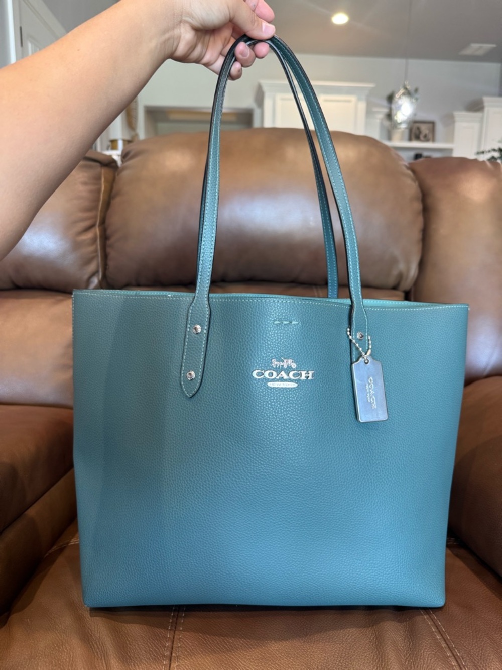 Coach Pebbled Leather Tote in Teal Green